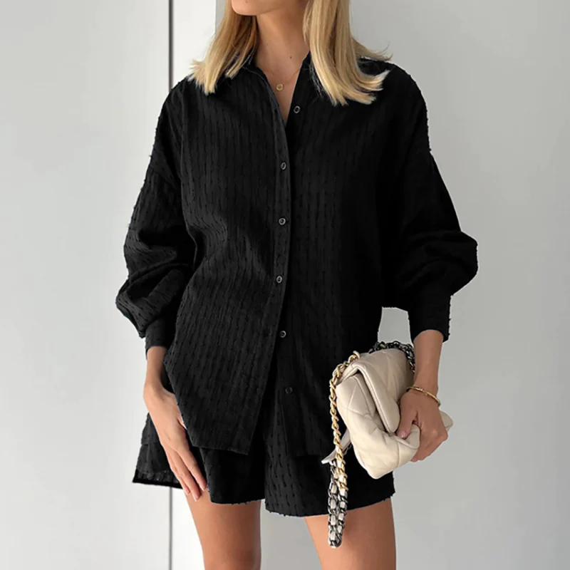 Two-Piece Ladies Summer Set with Lantern Sleeves – Nina-Black-XS-State of Style