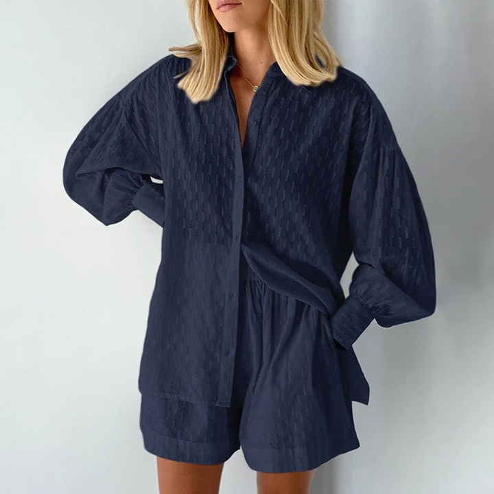 Two-Piece Ladies Summer Set with Lantern Sleeves – Nina-Dark blue-XS-State of Style