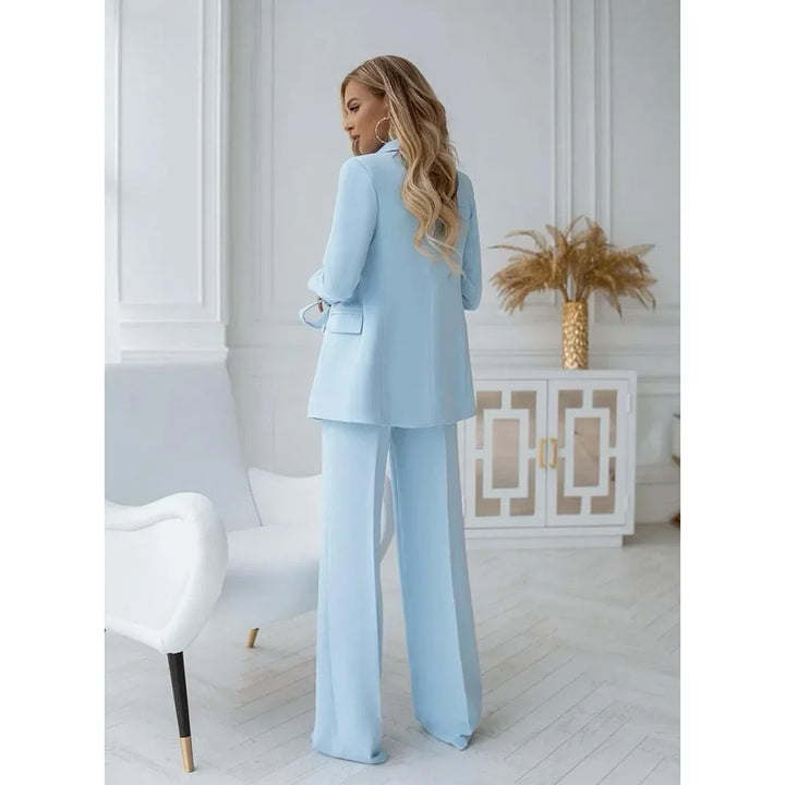 Two-piece light blue trouser suit set with double-breasted design – Vivienne-S-Nora Luxe