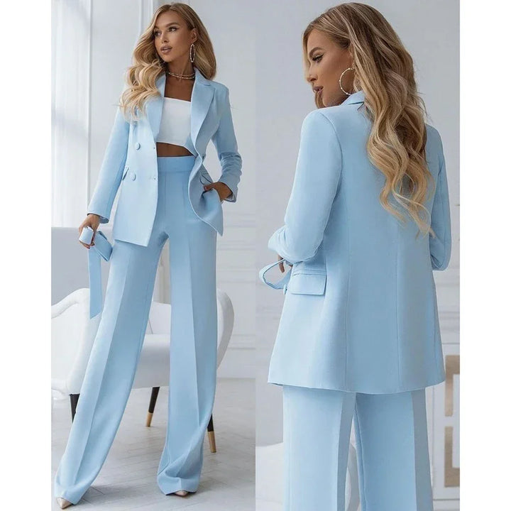 Two-piece light blue trouser suit set with double-breasted design – Vivienne-S-Nora Luxe