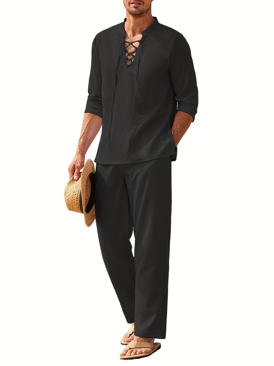 Two-piece linen set for men – Milo-Black-S-Nora Luxe