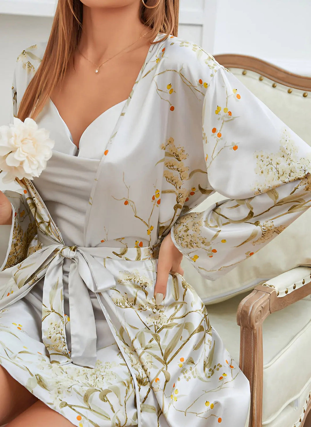 Two-piece satin dress-kimono set for women – Livia-Green-S-Nora Luxe