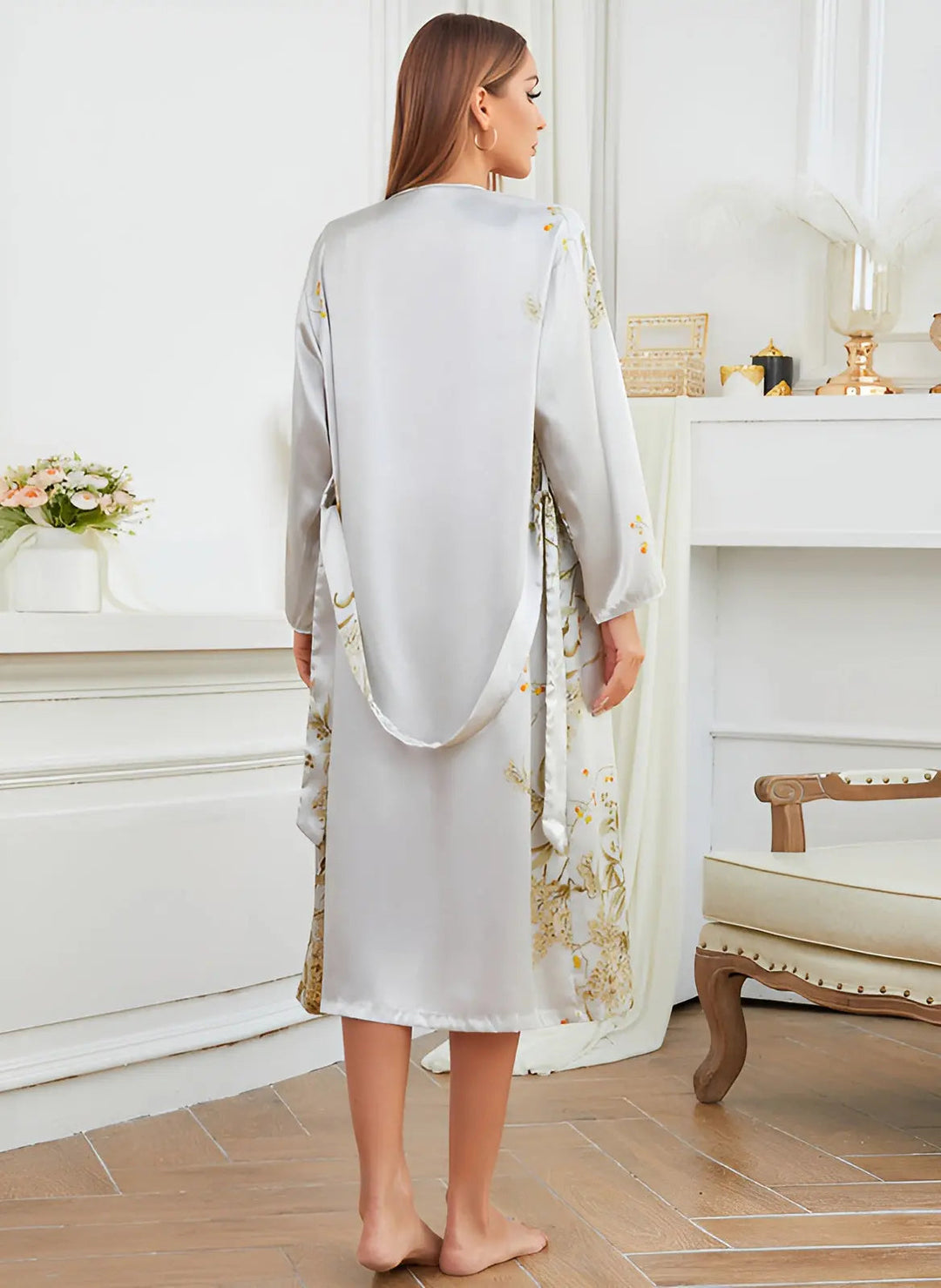 Two-piece satin dress-kimono set for women – Livia-Green-S-Nora Luxe