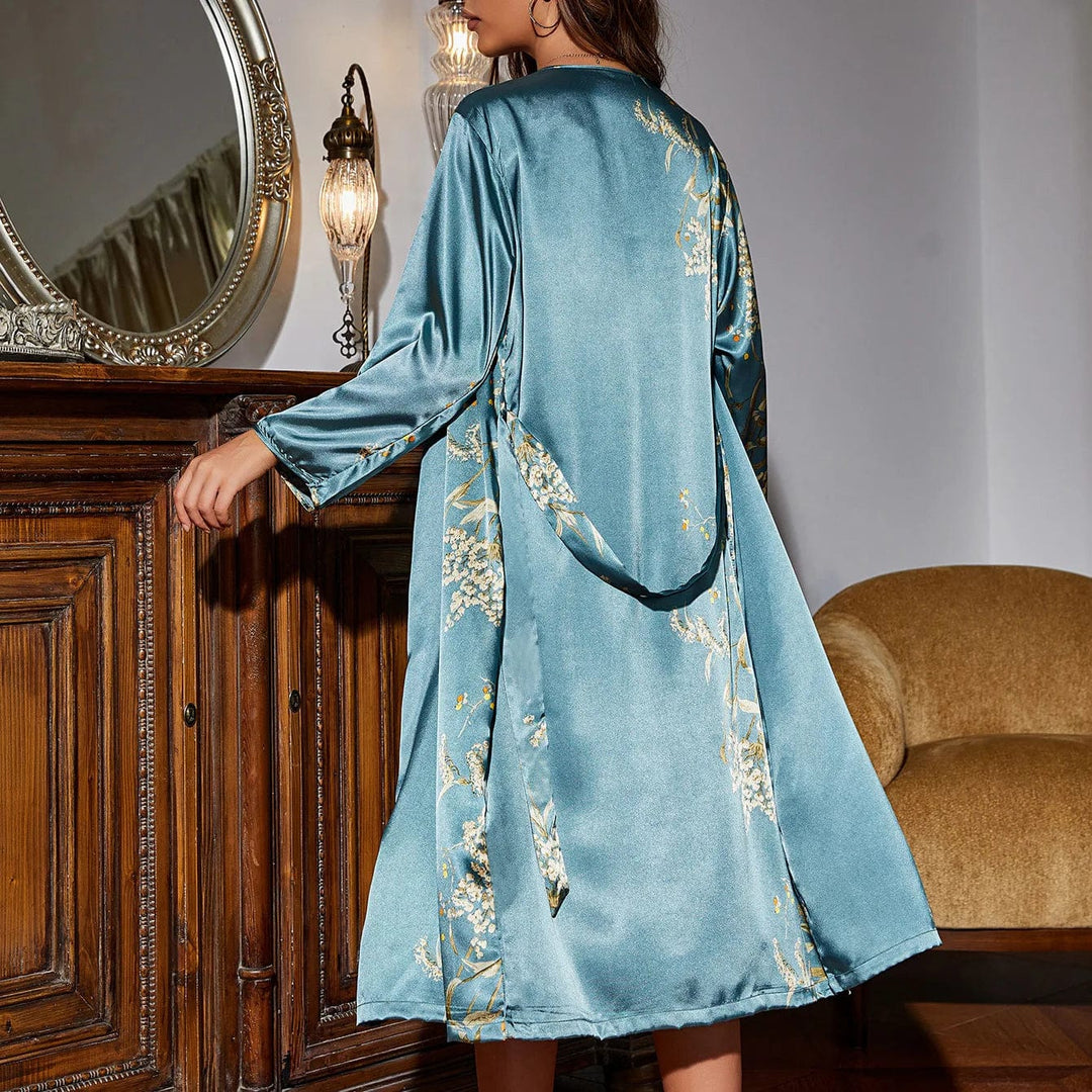 Two-Piece Satin Nightwear Set for Women with Slip Dress & Kimono – Salena-Blue-S-Nora Luxe