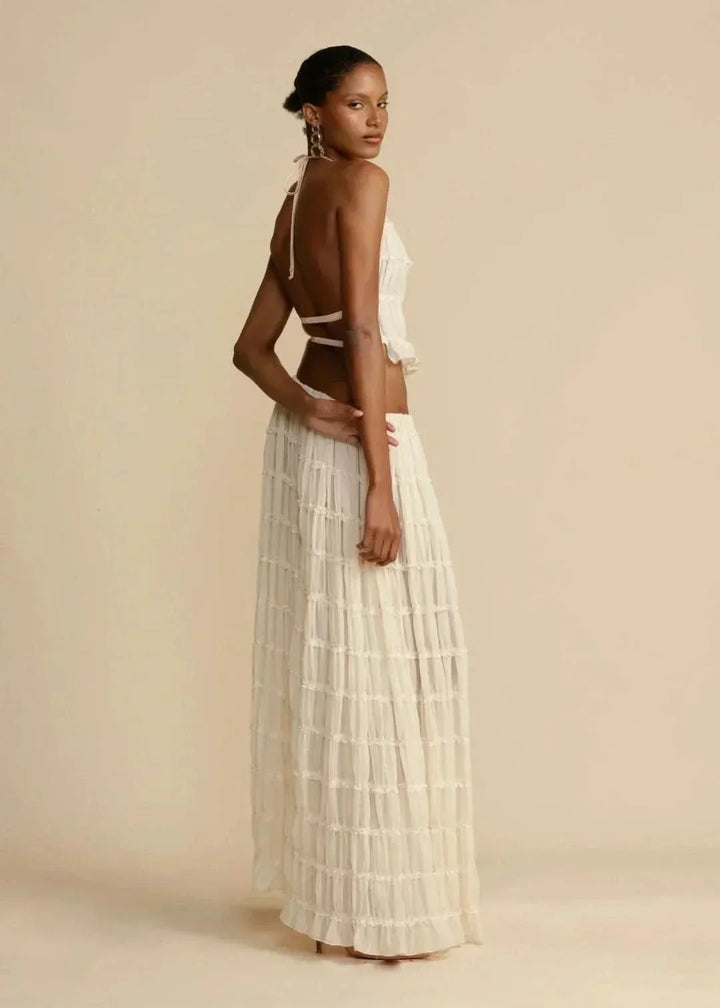 Two-piece summer outfit for women with boho skirt and off-the-shoulder top – Alina-White-S-The Livary