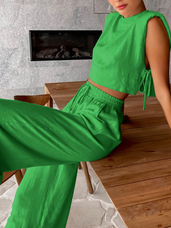 Two-piece summer set with crop top and trousers – Valeria-Green-S-Nora Luxe