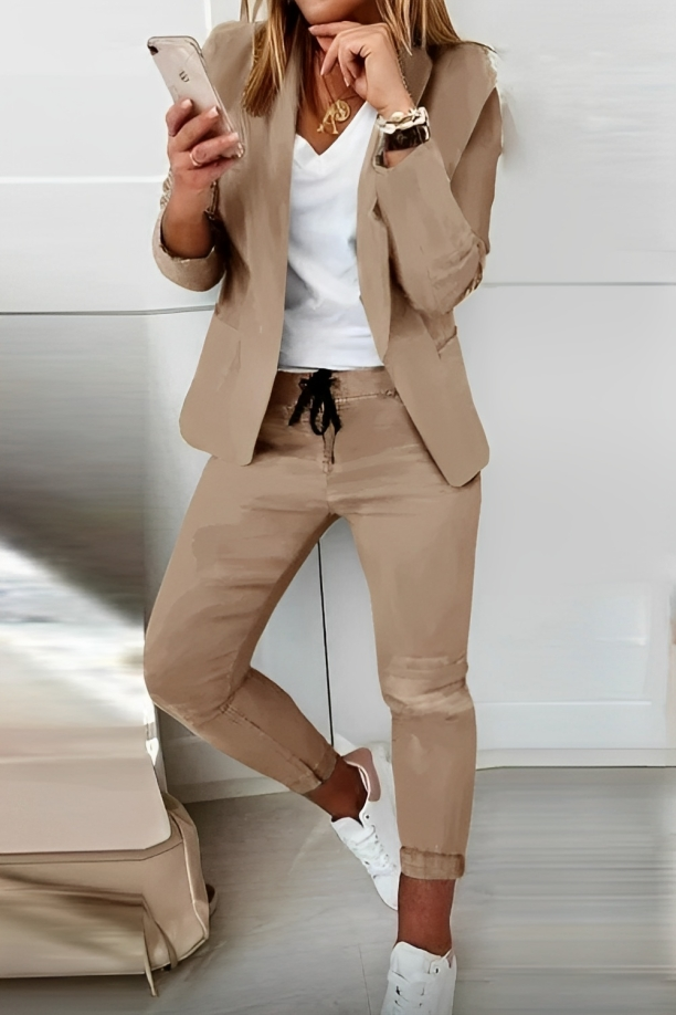 Two-piece women's blazer set for everyday wear & events – Alina-Khaki-S-Nora Luxe