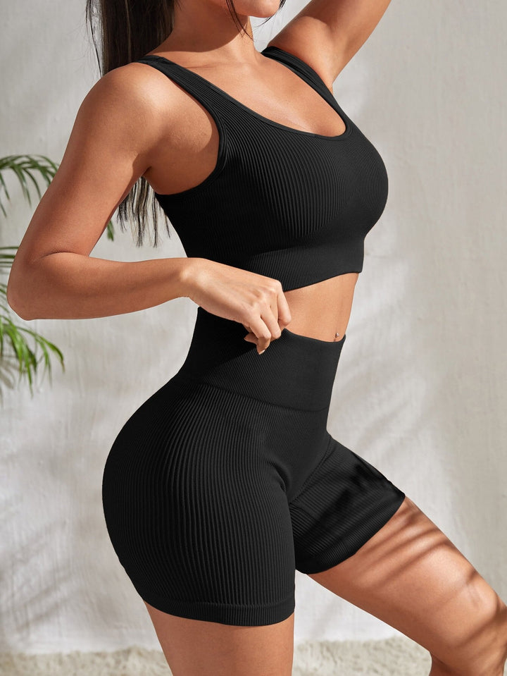Two-piece women's fitness set with shorts & sports top – Sienna-Black-S-Nora Luxe