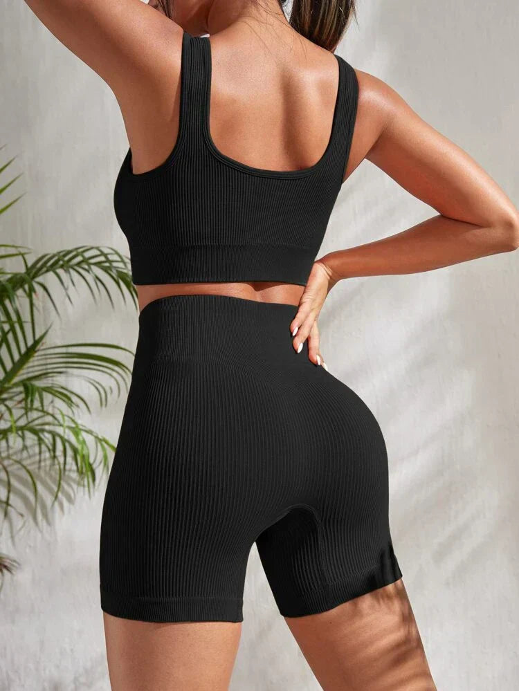 Two-piece women's fitness set with shorts & sports top – Sienna-Black-S-Nora Luxe