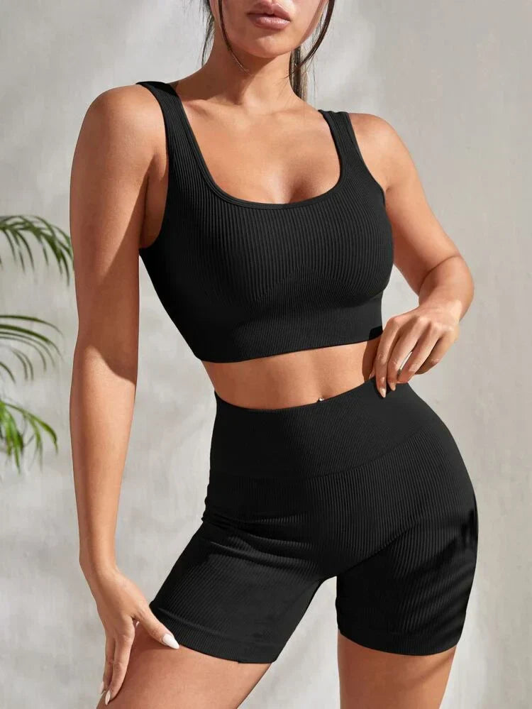 Two-piece women's fitness set with shorts & sports top – Sienna-Black-S-Nora Luxe