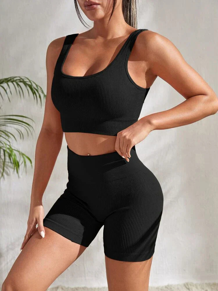 Two-piece women's fitness set with shorts & sports top – Sienna-Black-S-Nora Luxe