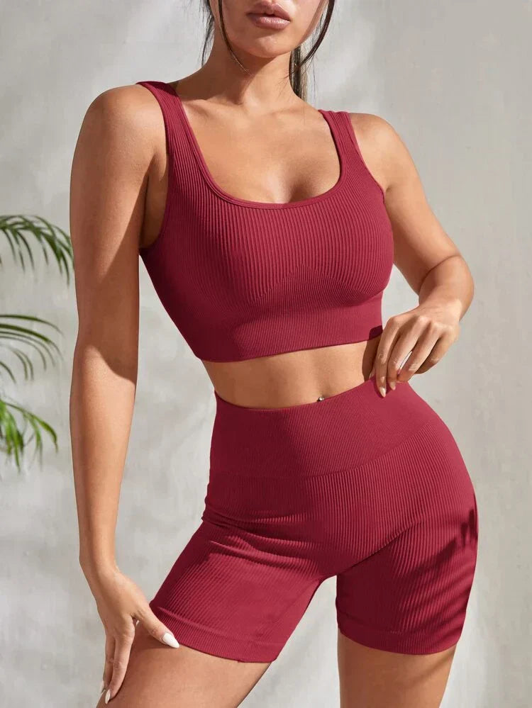 Two-piece women's fitness set with shorts & sports top – Sienna-Red-S-Nora Luxe