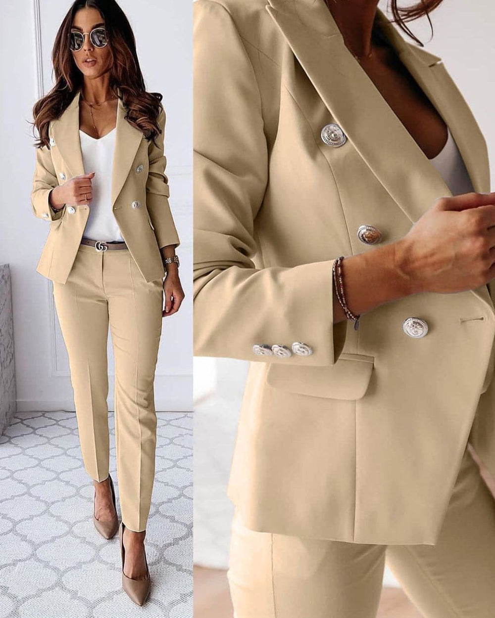 Two-piece women's slim-fit set for modern business looks – Valentina-Beige-S-Nora Luxe