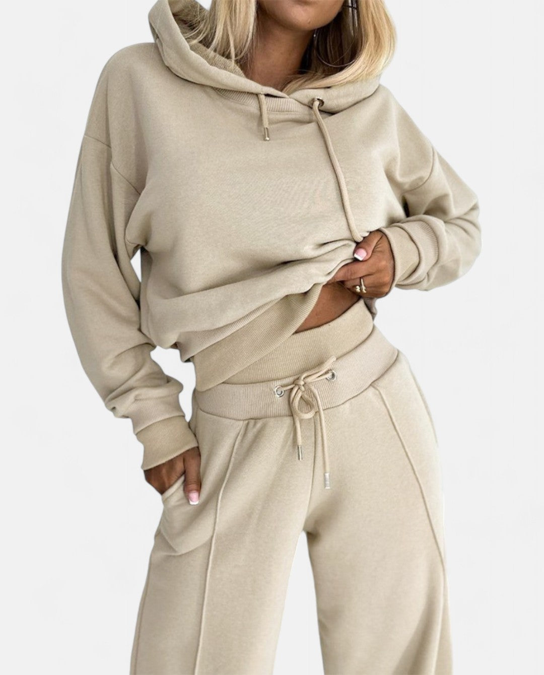 Two-Tone Hoodie Set with Wide Legs - Isabelle-Beige-S-Nora Luxe