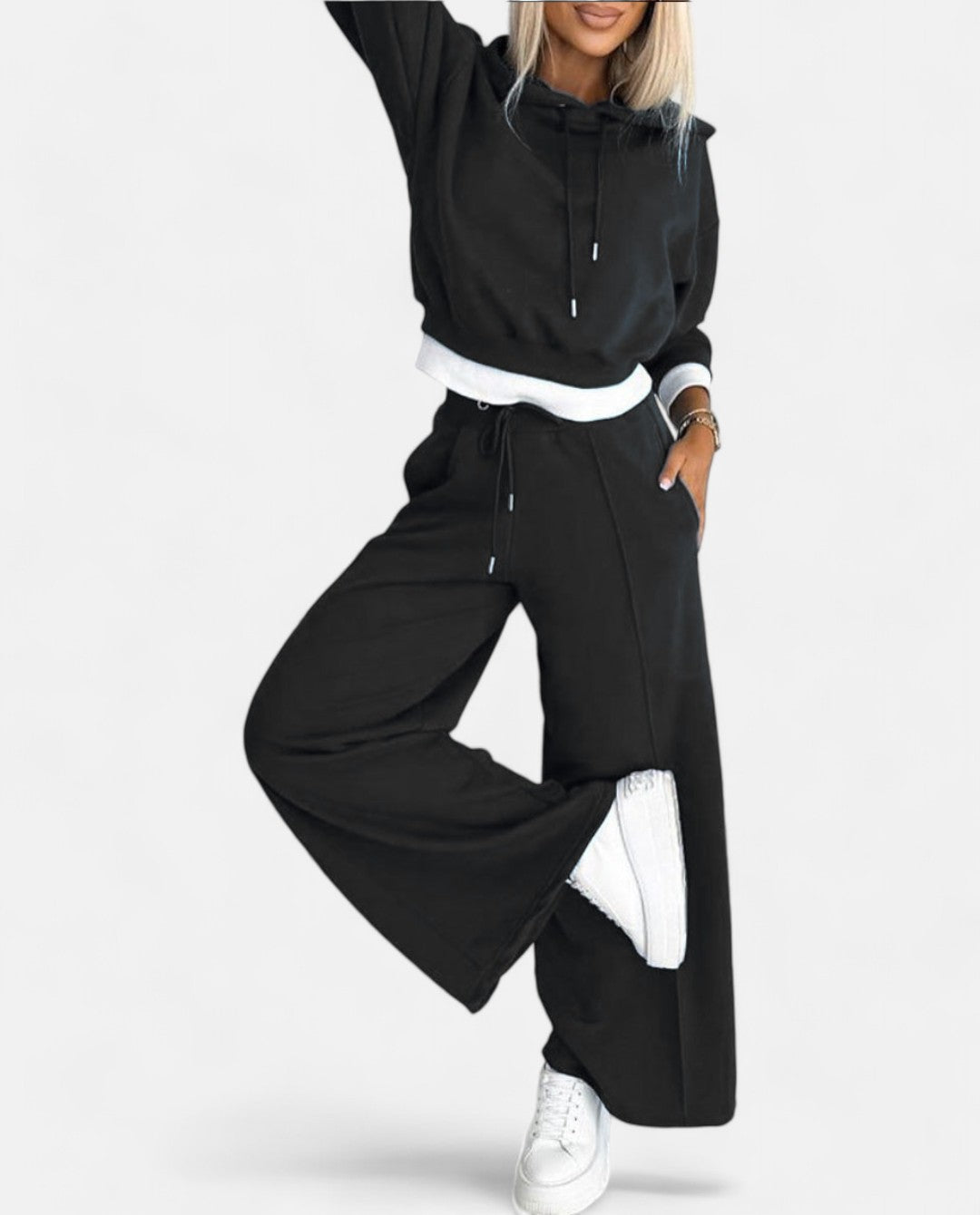 Two-Tone Hoodie Set with Wide Legs - Isabelle-Black-S-Nora Luxe
