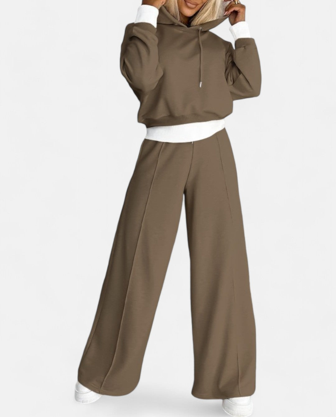 Two-Tone Hoodie Set with Wide Legs - Isabelle-Brown-S-Nora Luxe