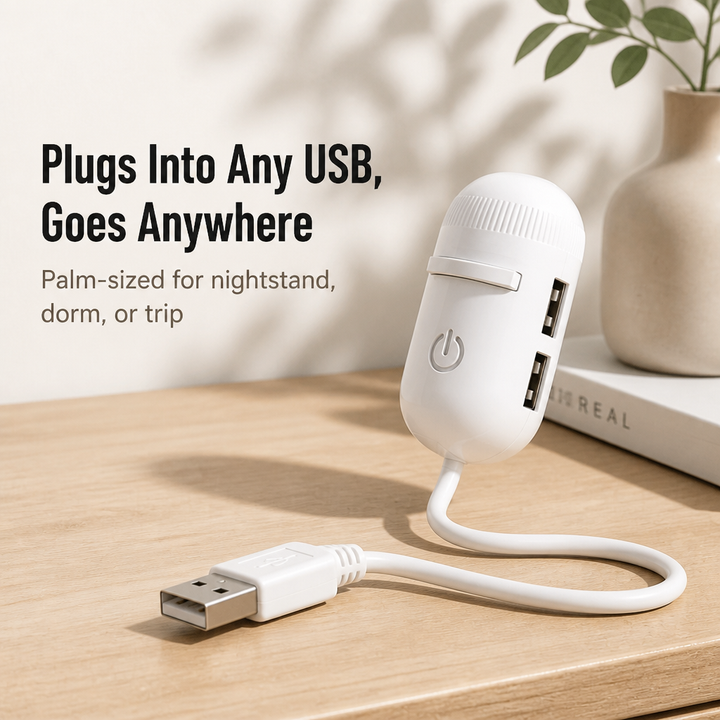 White capsule projector with two USB ports on its side, resting on a light wood shelf.