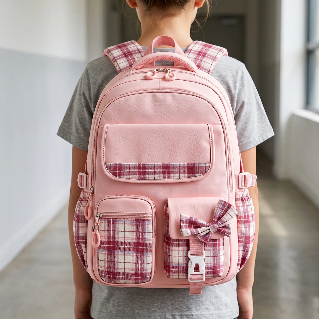 Pink backpack with plaid pockets and a plaid bow seen from behind, worn by a child in a school hallway.