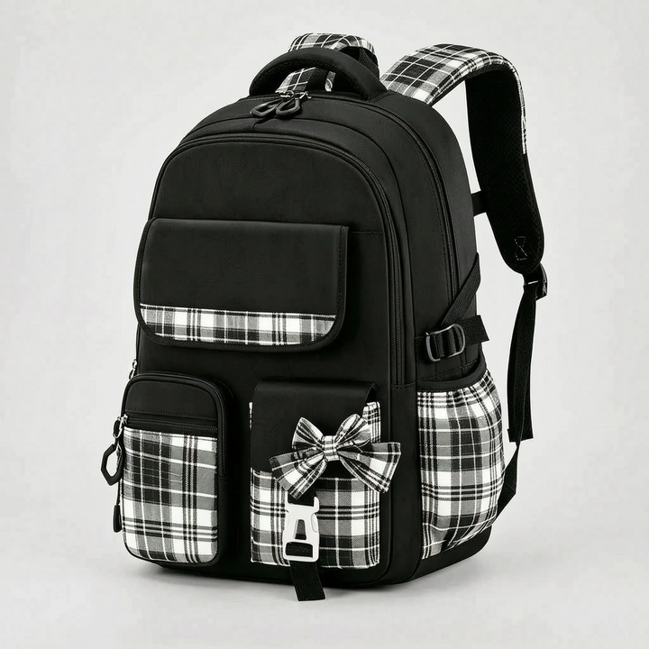 Black version of the backpack with black-and-white plaid pockets, plaid shoulder straps and a plaid bow, shown at an angle.