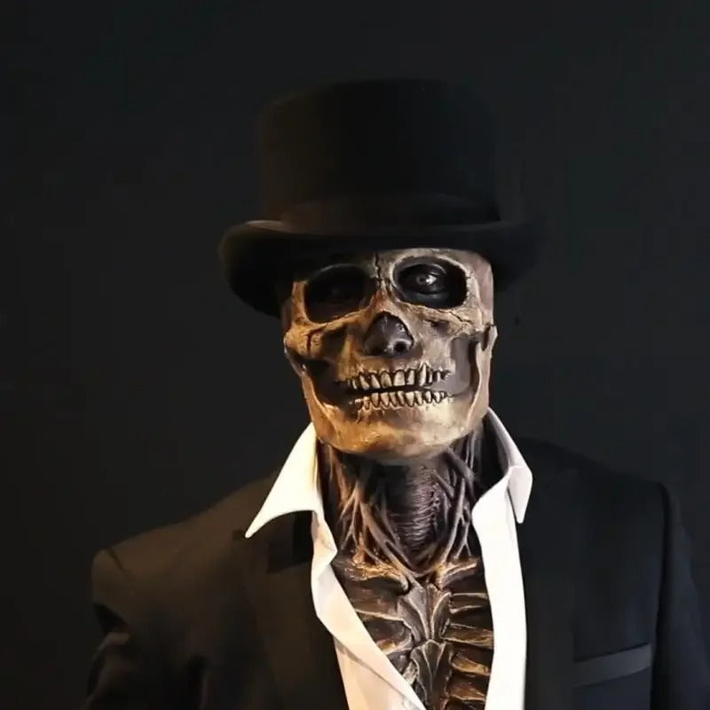 Skeleton costume with mask, black top hat, white collared shirt and dark blazer, front view.