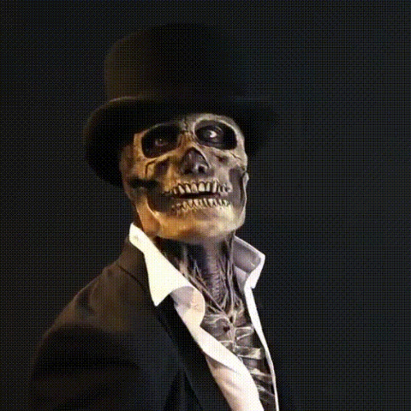 Skeleton costume with mask, black top hat and dark blazer, another view.
