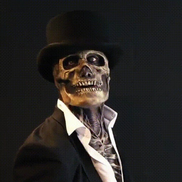 Skeleton costume with mask, black top hat and dark blazer, another view.