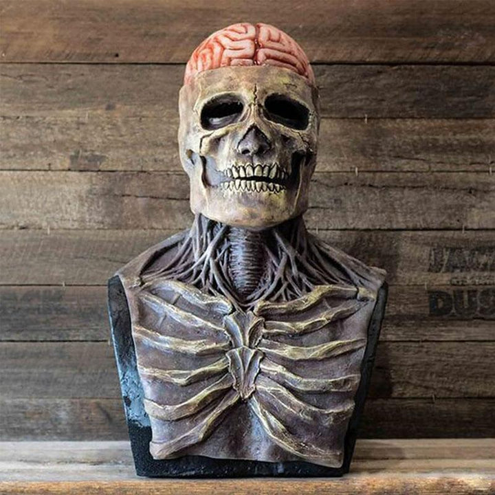 Skeleton costume bust with exposed brain, skull face, neck tendons and ribcage, front view.