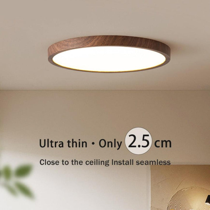 Dark walnut-grain round ceiling light mounted flush to the ceiling, shown in a close-up with a callout about its slim profile. 6