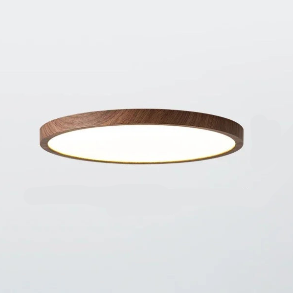Dark walnut-grain round ceiling light with a glowing white diffuser, shown in side view against a plain pale background. 8