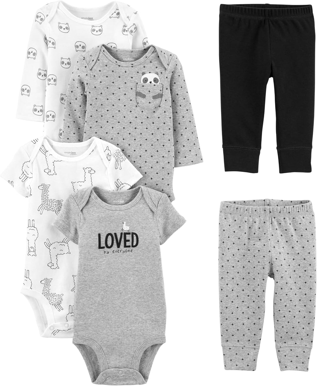 Unisex Baby 6-Piece Clothing Set-Black/Gray Text Print/White Llama/Panda-0-3 months-Nora Luxe