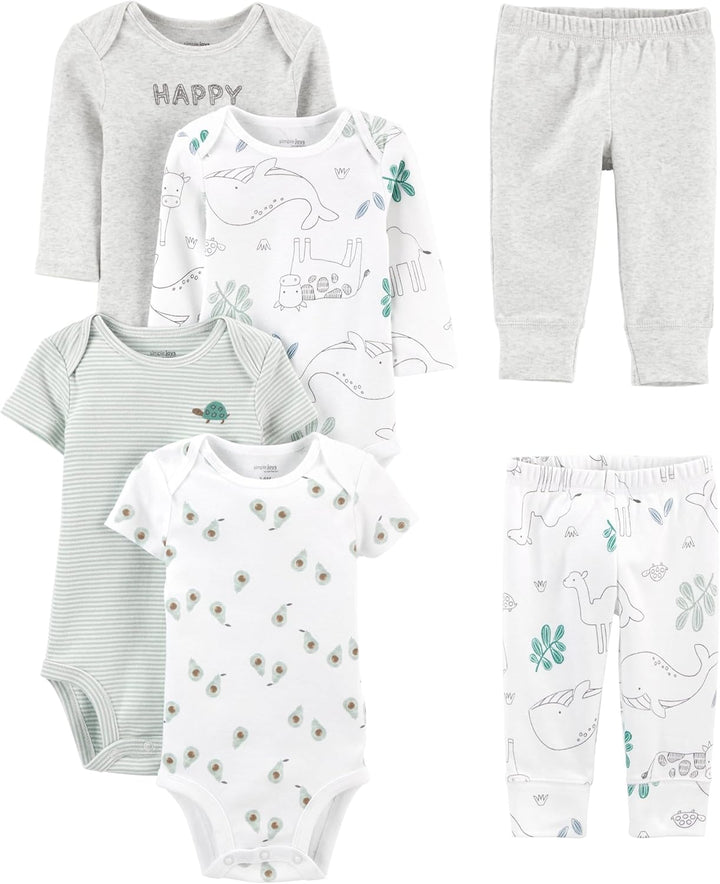 Unisex Baby 6-Piece Clothing Set-Gray Heather/White Animal Print/Avocados/Stripe/Text Print-0-3 months-Nora Luxe