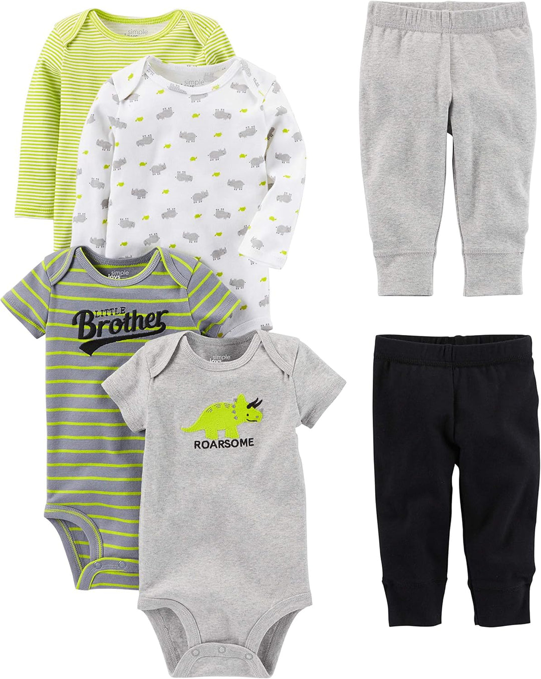 Unisex Baby 6-Piece Clothing Set-Multicolor/Dinosaur/Rhino/Stripes/Text Print-0-3 months-Nora Luxe
