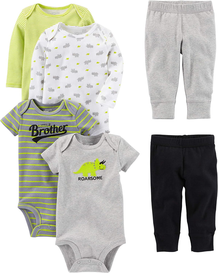 Unisex Baby 6-Piece Clothing Set-Multicolor/Dinosaur/Rhino/Stripes/Text Print-0-3 months-Nora Luxe