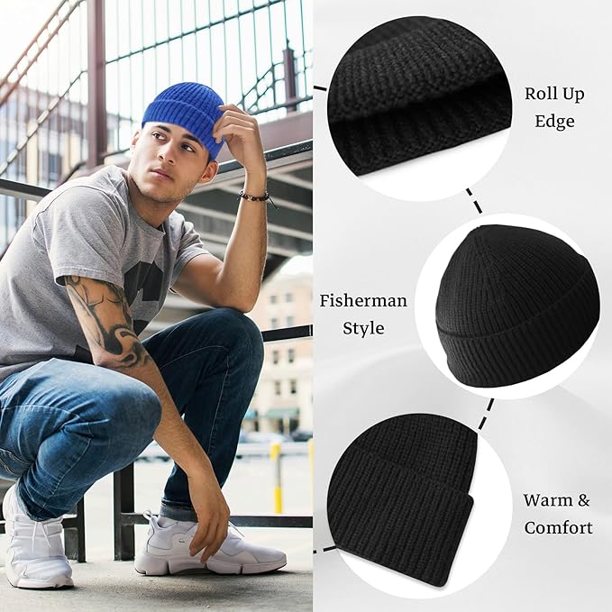 Unisex Knitted Hat with Low Turn-Up – Robin-Black-Nora Luxe