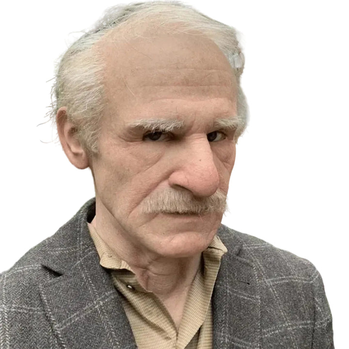 Elderly man mask with gray swept-back hair, bushy eyebrows and gray mustache