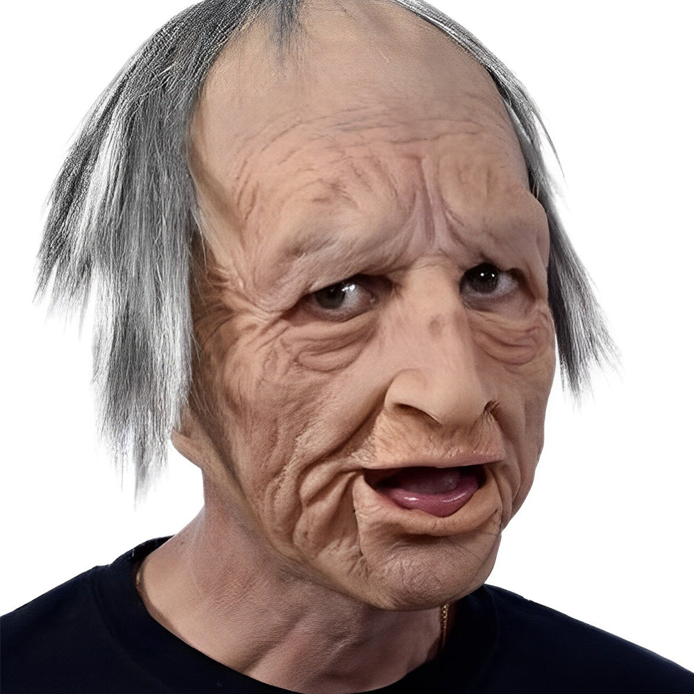 Worn by a model, a droopy elderly face mask with deep wrinkles, open mouth and long gray hair, paired with a black shirt another view