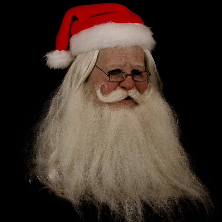 Santa Claus style mask with a long white beard, curled mustache, small glasses and red-and-white Santa hat