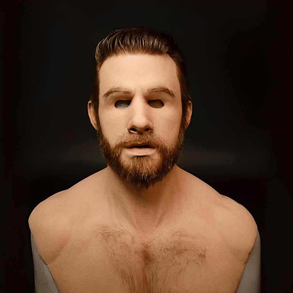 Young adult male mask with styled brown hair and a full auburn beard, attached to a hairy chest piece