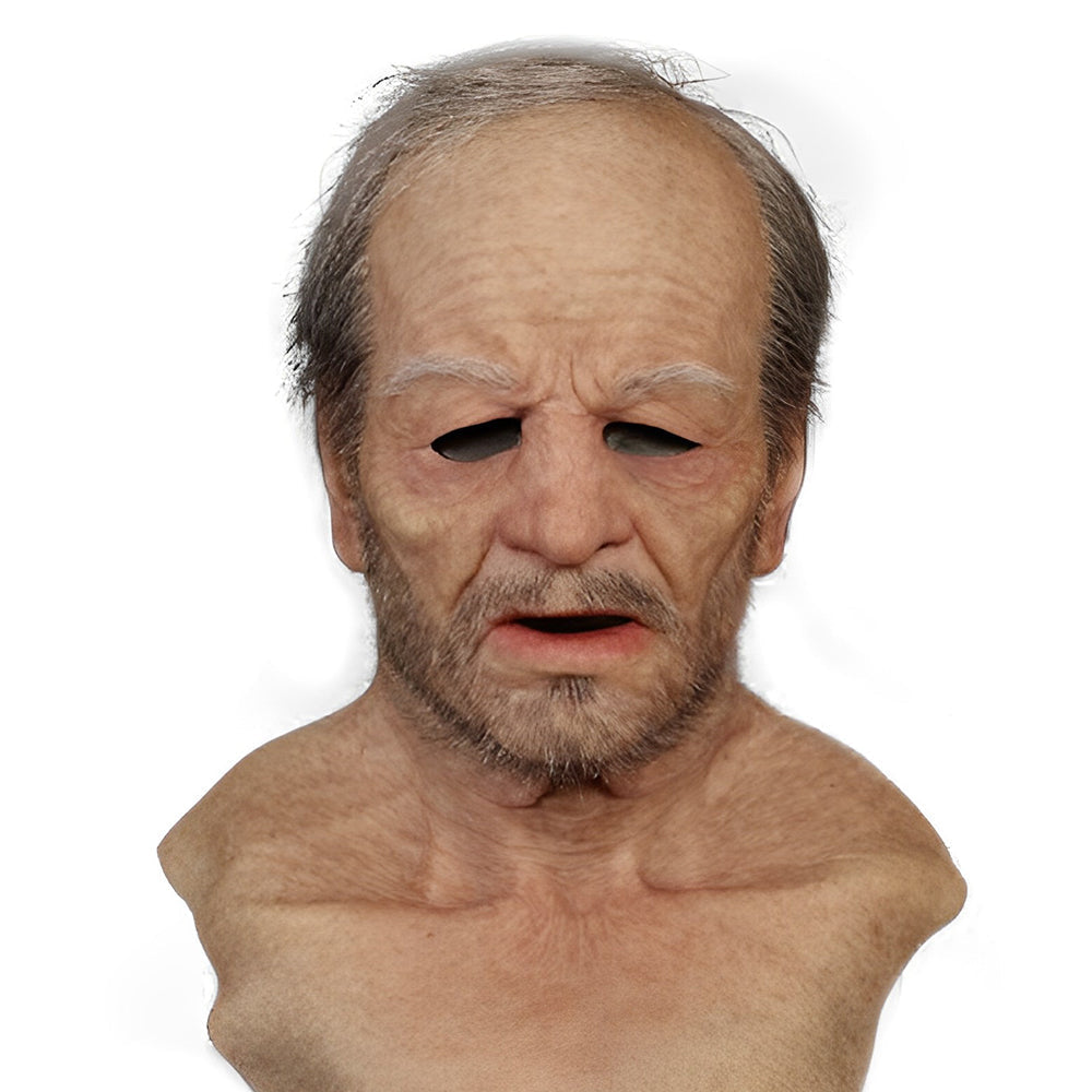 Front view of a realistic elderly man mask with thinning gray hair, wrinkled forehead, stubble beard and shoulders, shown on a white background. 26