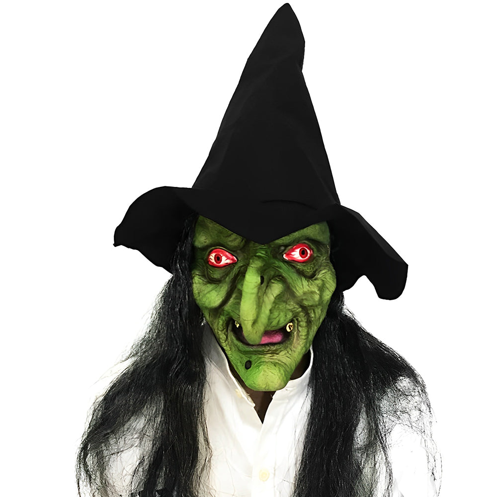 Green witch mask with glowing red eyes, a long hooked nose and long black hair, worn with a black pointed hat and white shirt. 28