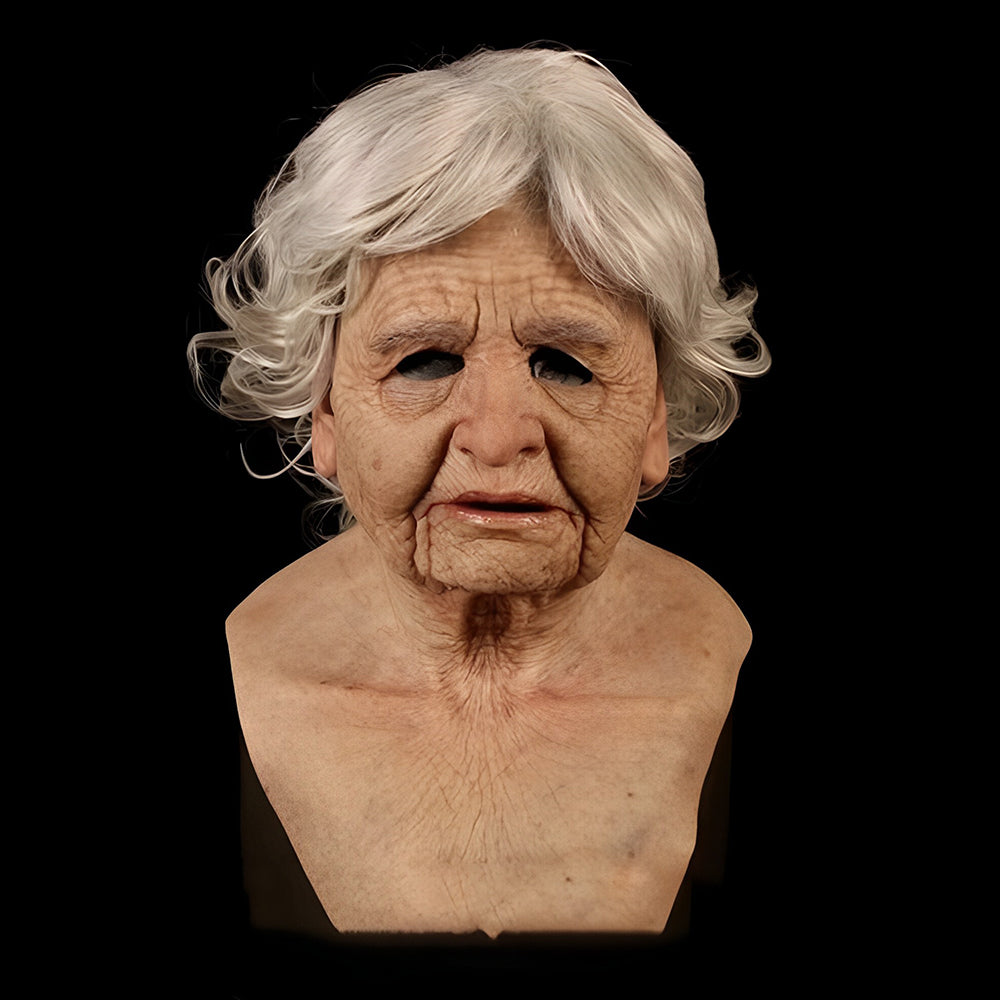 Realistic elderly woman mask with deep wrinkles and wavy silver-gray hair, shown with neck and shoulders against a black background. 30