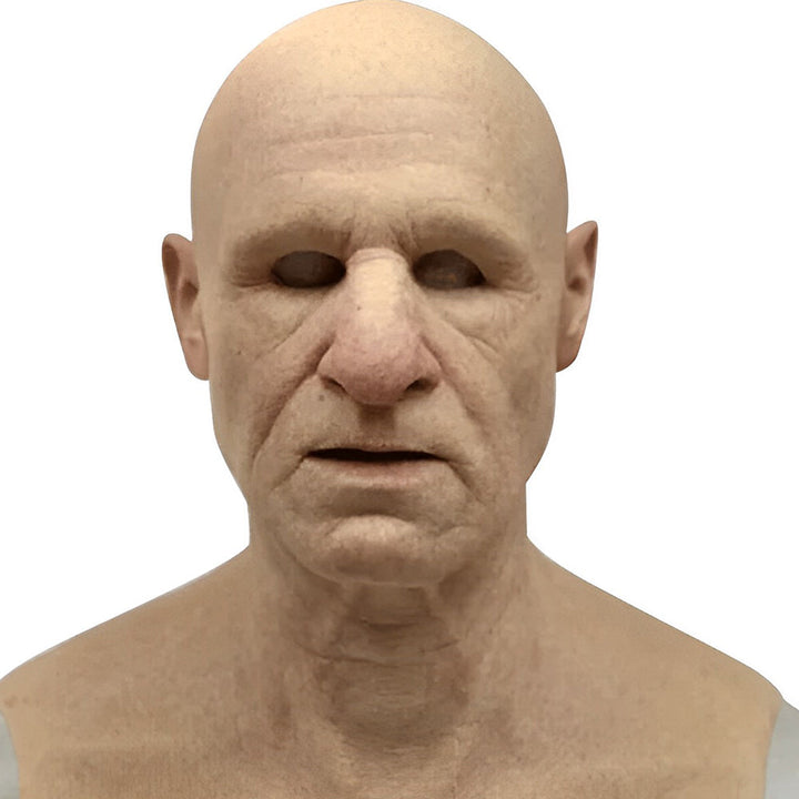 Front view of a bald elderly man mask with a large nose, deep wrinkles and open eye holes