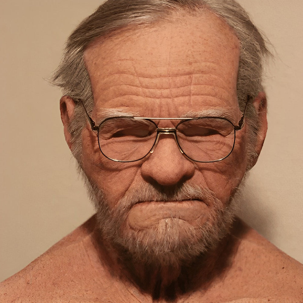 Close-up of a heavily wrinkled elderly man mask with gray hair, full gray beard and aviator-style glasses detail
