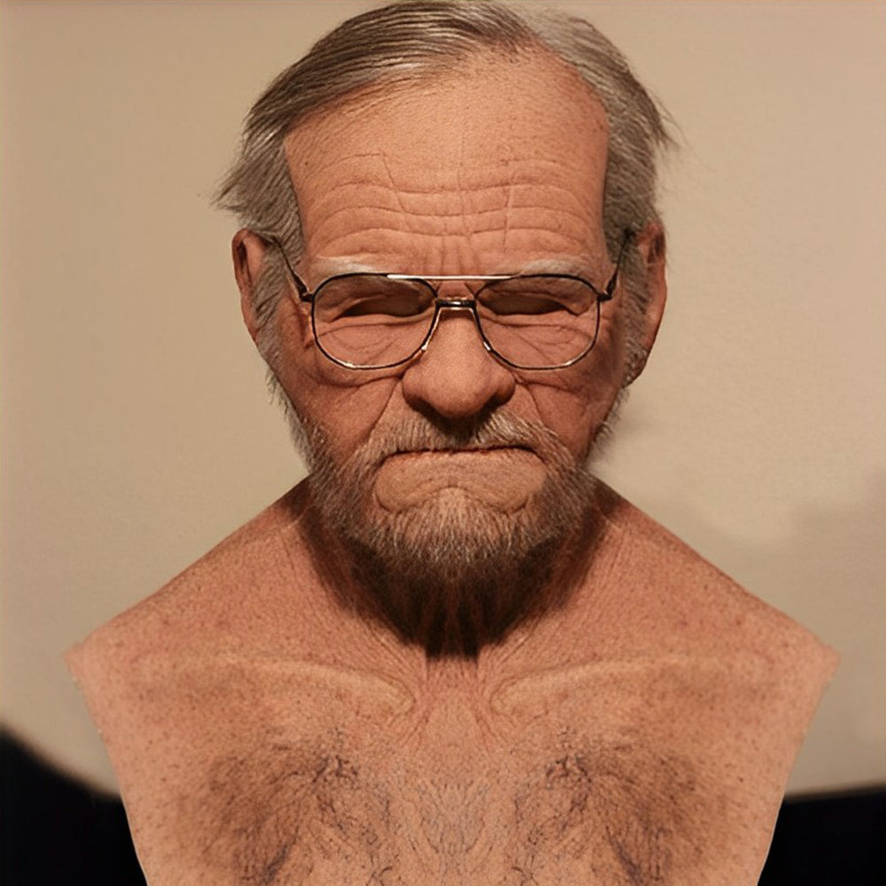 Wrinkled elderly man mask with glasses and gray beard, extended down to a hairy chest piece detail