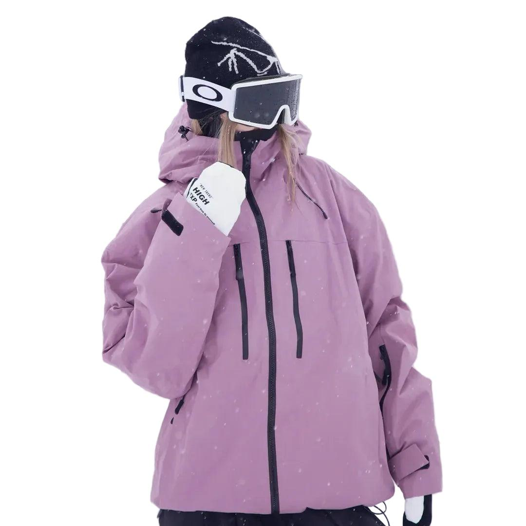 Model in a mauve jacket with hood down, one hand raised to the chin, three-quarter view 2