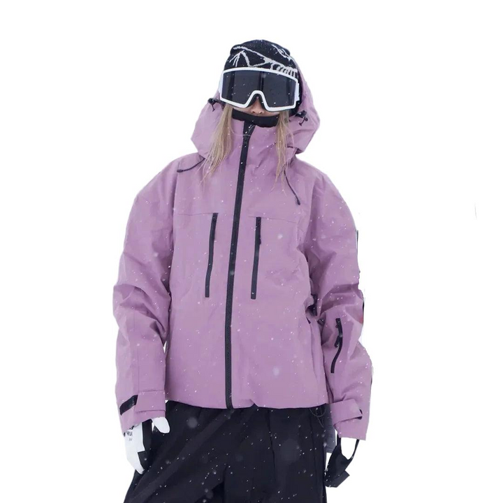 Model in a mauve jacket with two chest zip pockets and a sleeve pocket, full front view 4