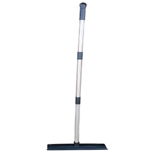 Rubber broom with a silver segmented metal handle and dark gray rubber head on a white background.