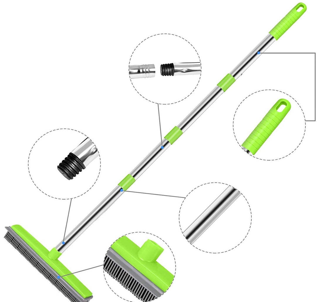 Diagram of the full green and silver broom with close-ups of the handle grip, threaded joints, connector and rubber bristle head.