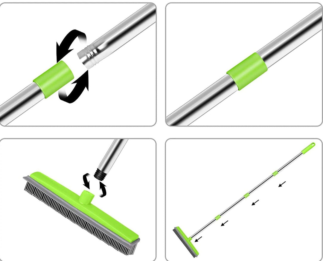 Four-panel assembly guide showing the handle sections twisting together, a green connector, the head screwing onto the pole, and the assembled broom.