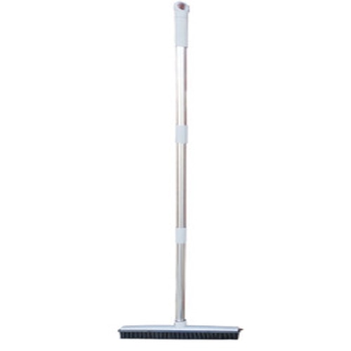Rubber broom with a silver segmented metal handle and white rubber head on a white background.